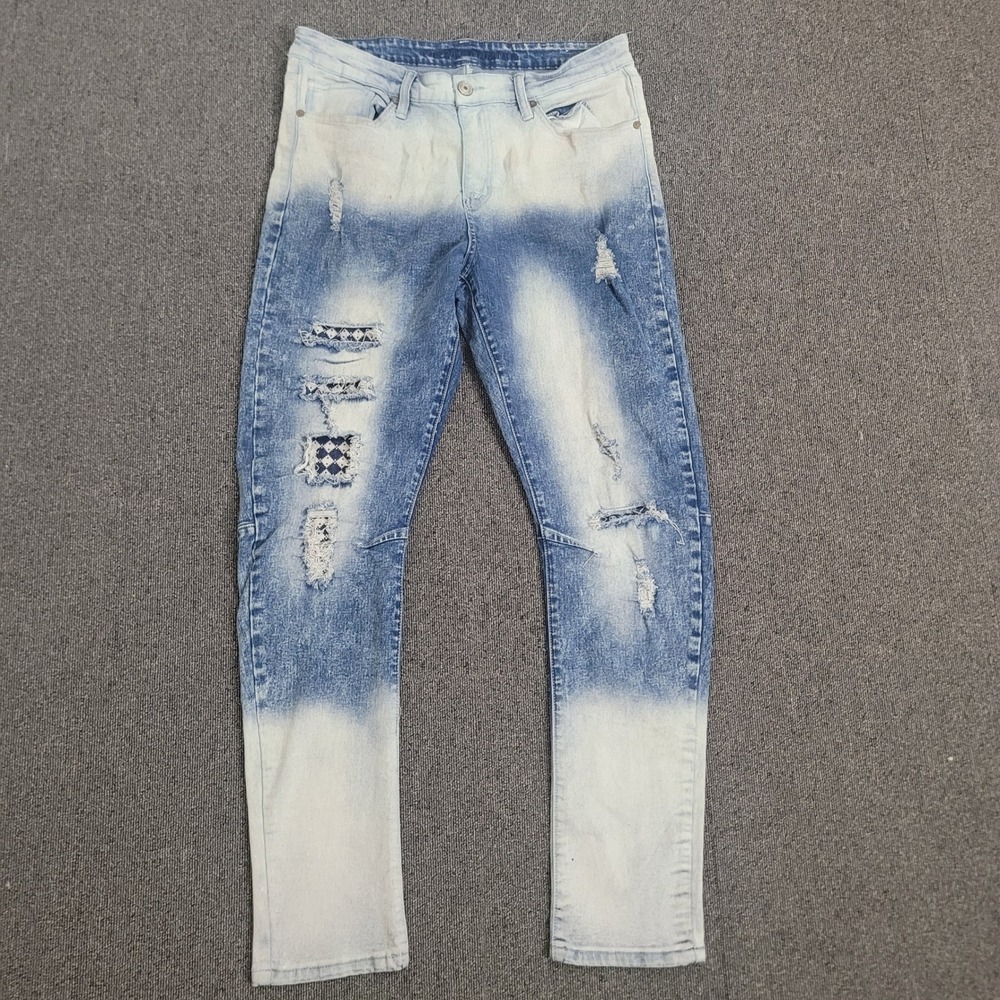 rue21 36x32 Skinny Arc Supreme Flex Jeans Mens Blue Ombre Distressed Patched